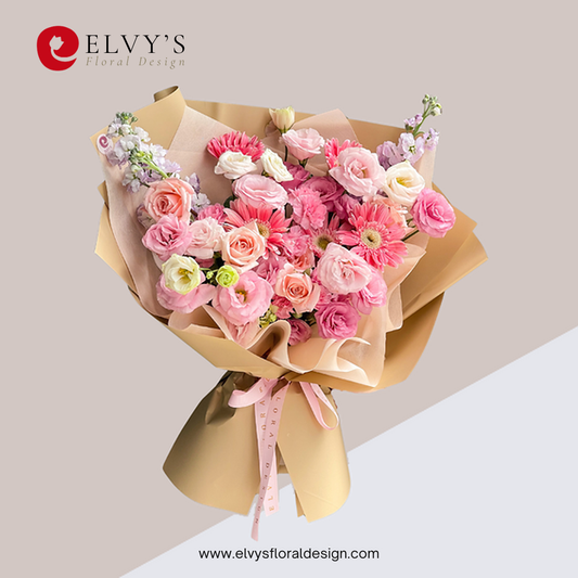 Muted Cherry – Rose, Gerbera & Lisianthus Bouquet | Elvy's Floral Design