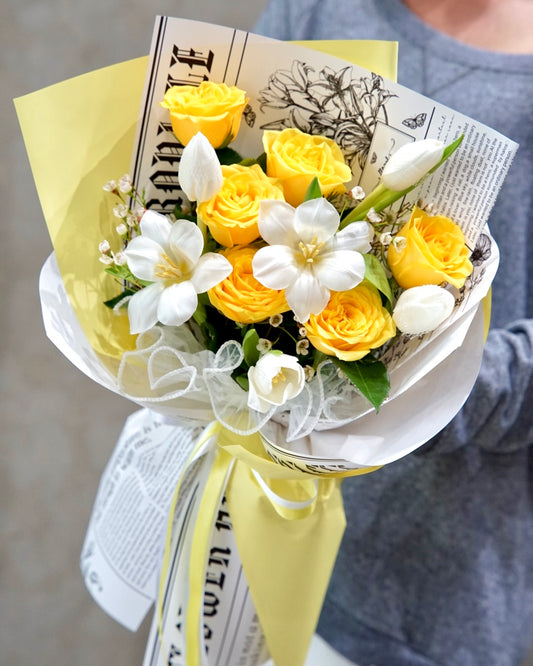 Yellow Edition – Yellow Rose & White Tulip Bouquet
