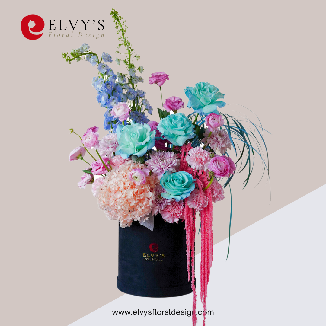 Mozart – Assorted Rose & Delphinium Bloom Box - Elvy's Floral Design