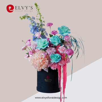 Mozart – Assorted Rose & Delphinium Bloom Box - Elvy's Floral Design