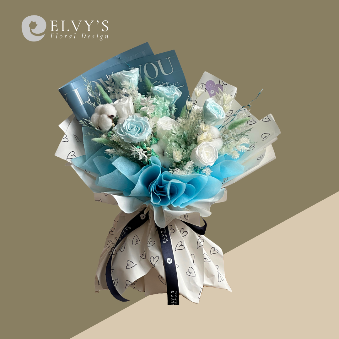 Jordy Blue – Blue Preserved Rose & Hydrangea Bouquet - Elvy's Floral Design