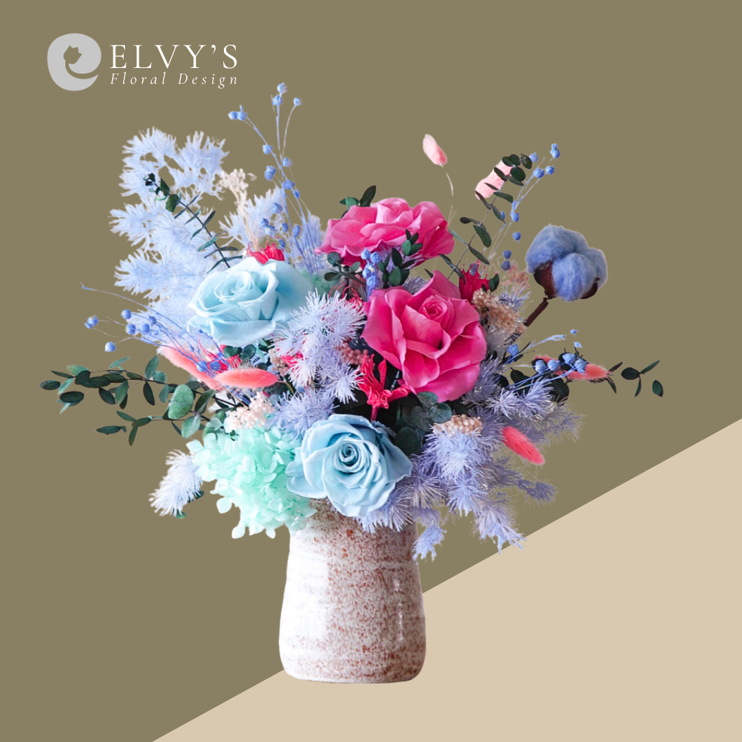 Beau Blue – Preserved Rose & Hydrangea Vase Arrangement - Elvy's Floral Design