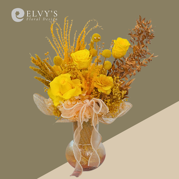 Yellow Gold – Preserved Rose & Billy Button Vase Arrangement - Elvy's Floral Design