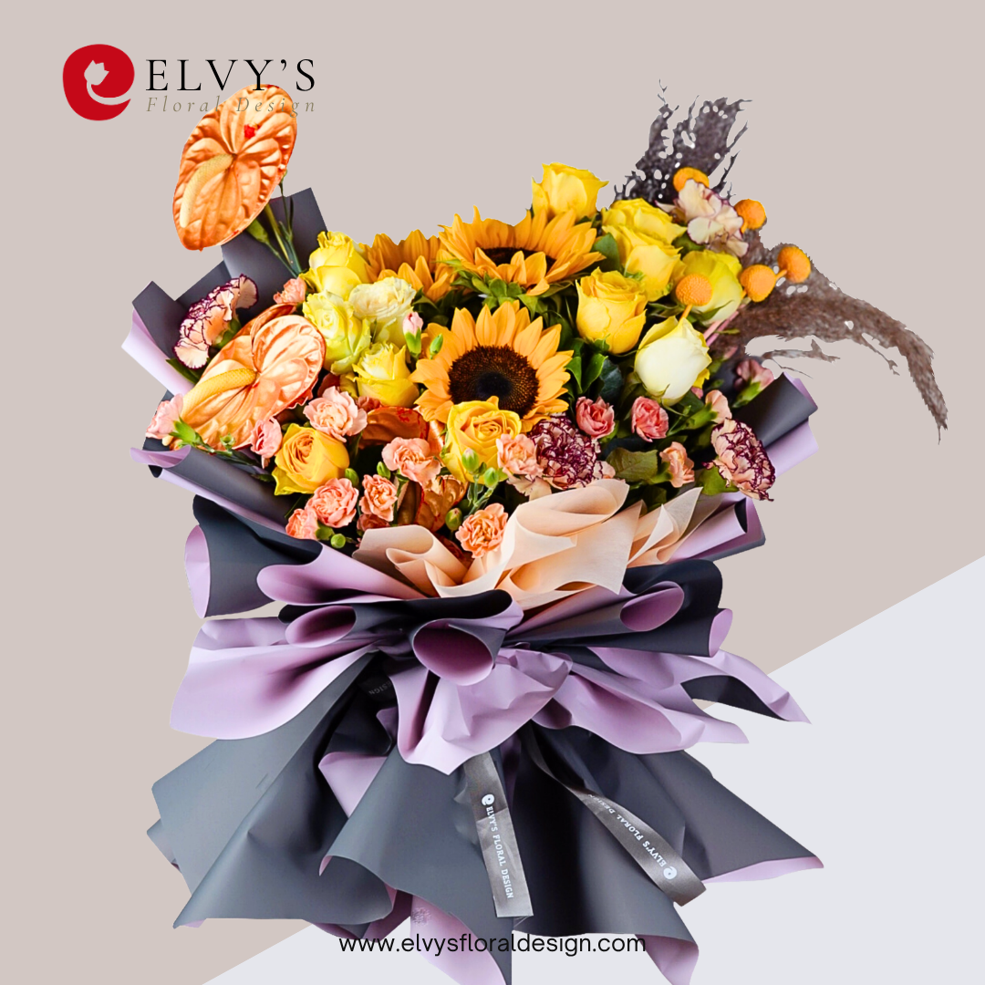 Golden Celebration – Sunflower, Rose & Carnation Bouquet - Elvy's Floral Design