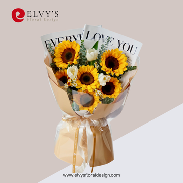 Sunfield – Sunflower & White Tulip Bouquet