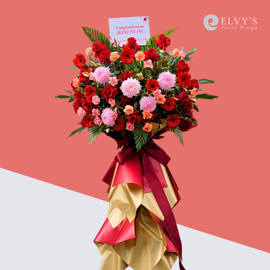 Golden Fortune – Red & Gold Grand Opening Flower Stand - Elvy's Floral Design