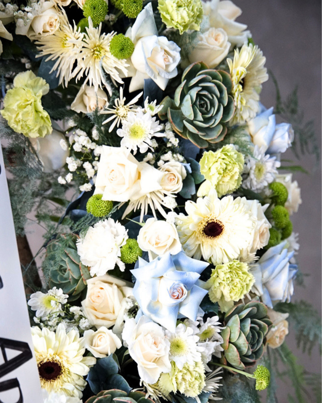 Blue Ivory – Blue & White Funeral Wreath - Elvy's Floral Design