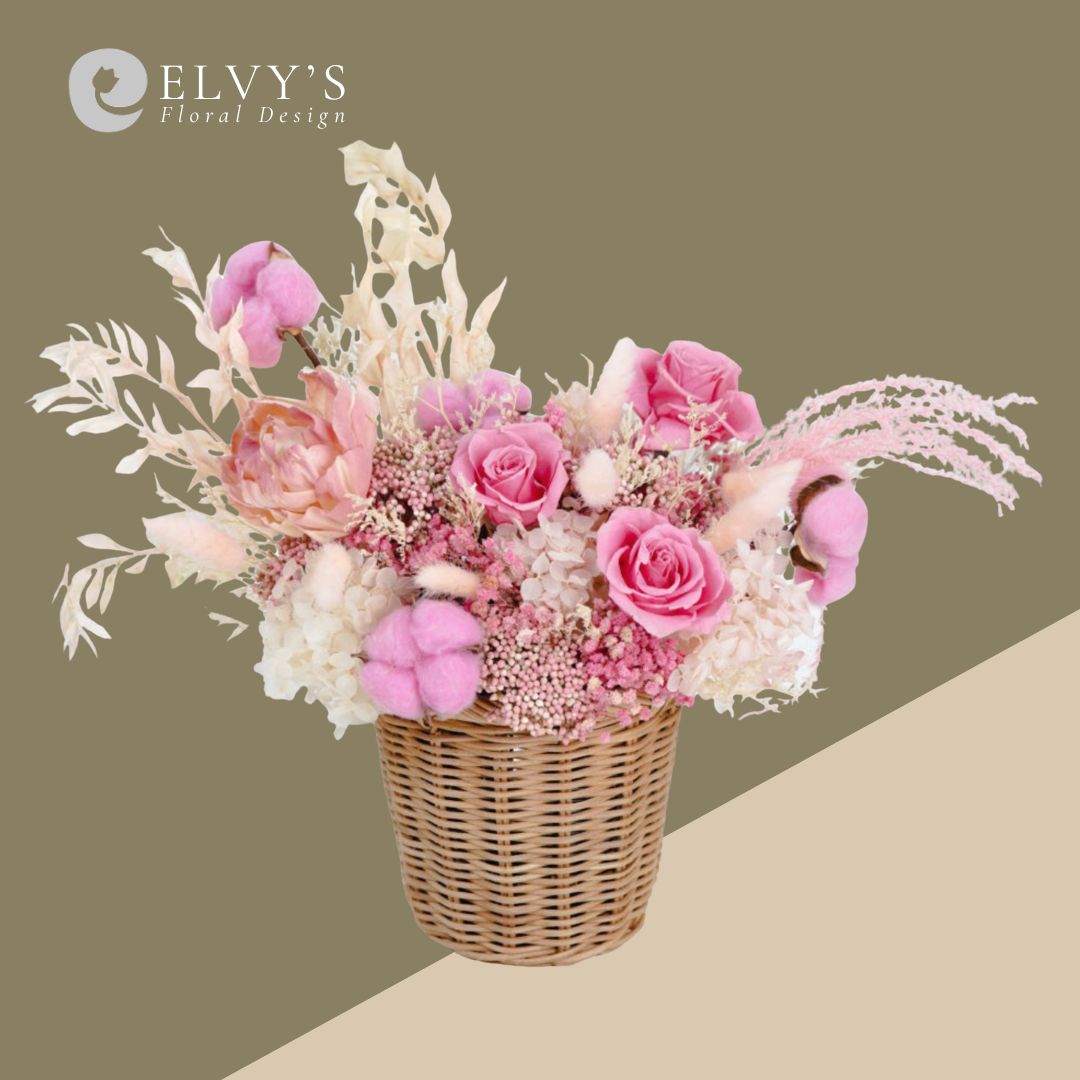 Angelic Pink – Preserved Rose & Hydrangea Basket - Elvy's Floral Design