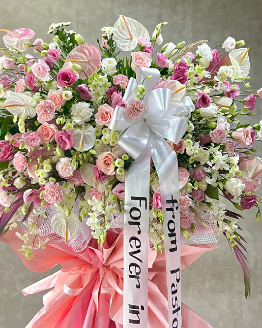 Blush Benediction – Rose, Lisianthus & Anthurium Sympathy Stand