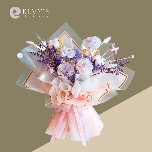 Rhythmic Lilac – Preserved Rose & Cotton Bouquet - Elvy's Floral Design