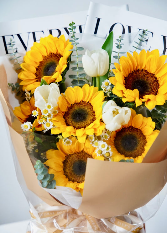 Sunfield – Sunflower & White Tulip Bouquet