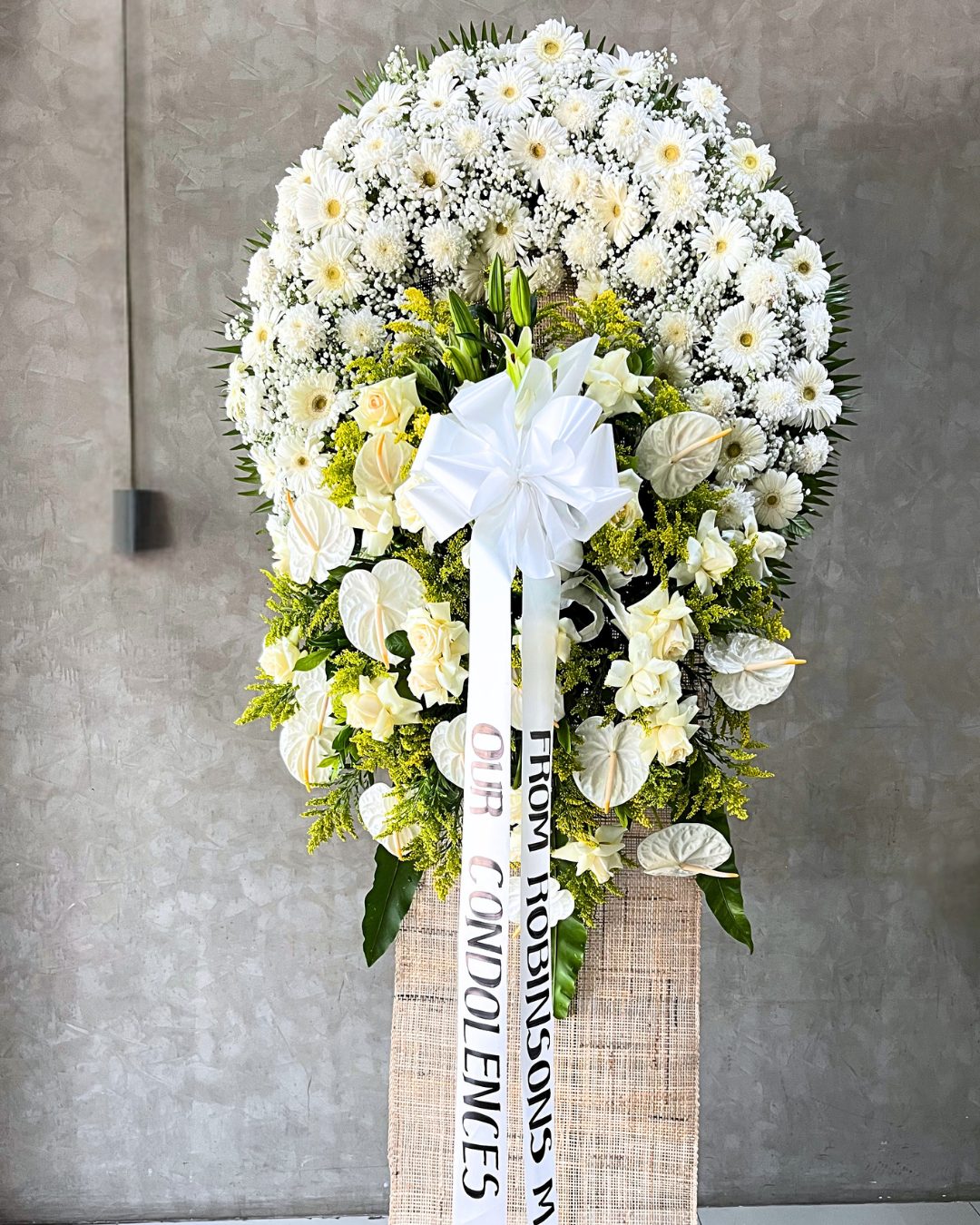 White Cascade – White Funeral Flower Stand - Elvy's Floral Design
