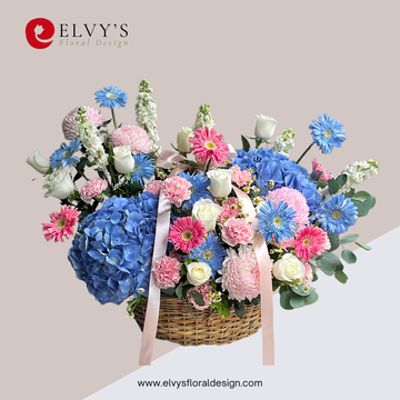 Cobalt Blush – Blue Hydrangea & Gerbera Flower Basket