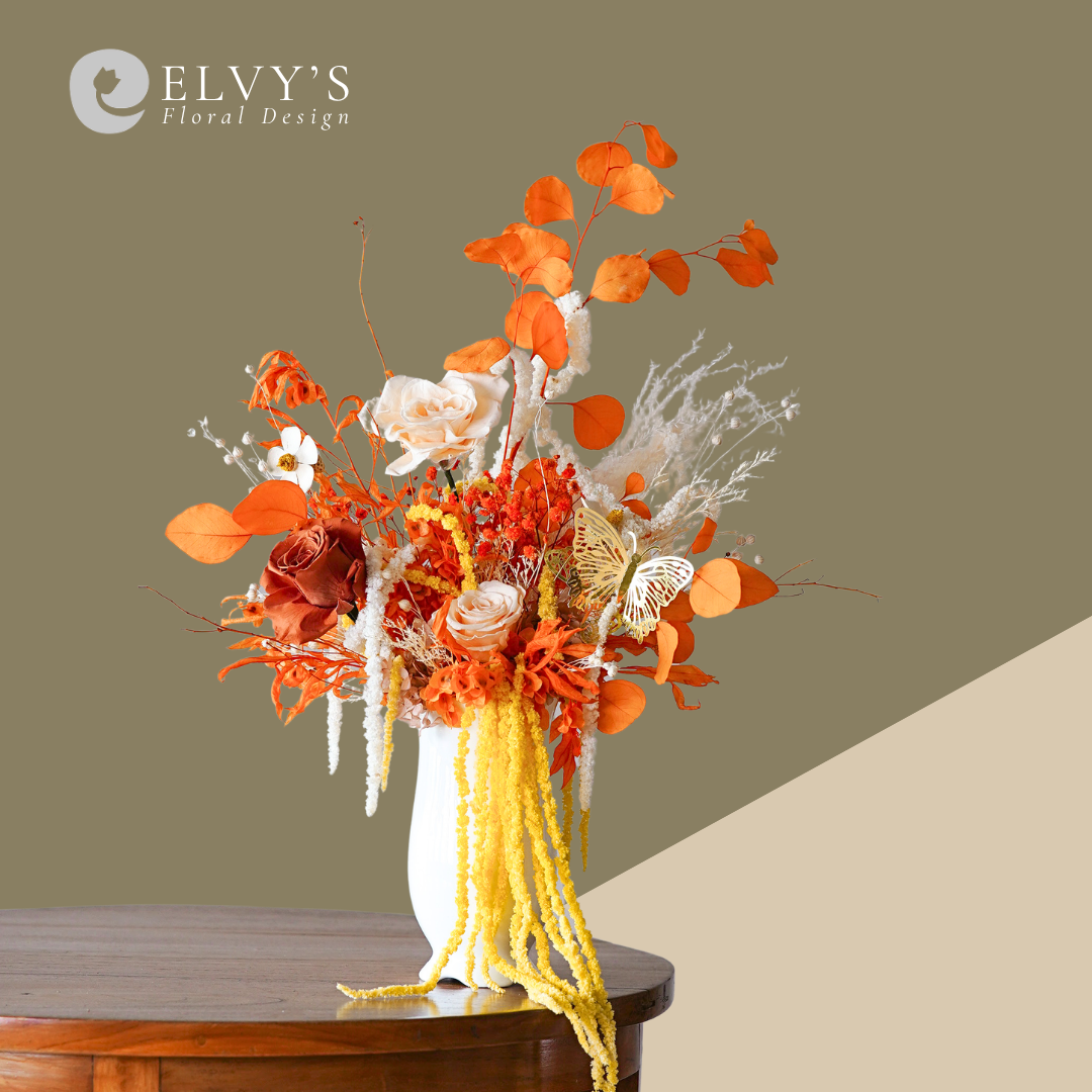 Chilean Flame – Preserved Rose & Amaranthus Vase Arrangement - Elvy's Floral Design