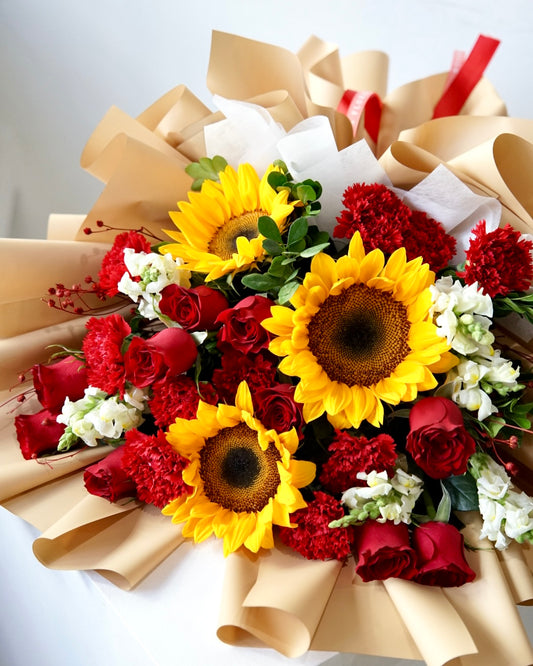 Sunfire – Sunflower & Red Rose Bouquet