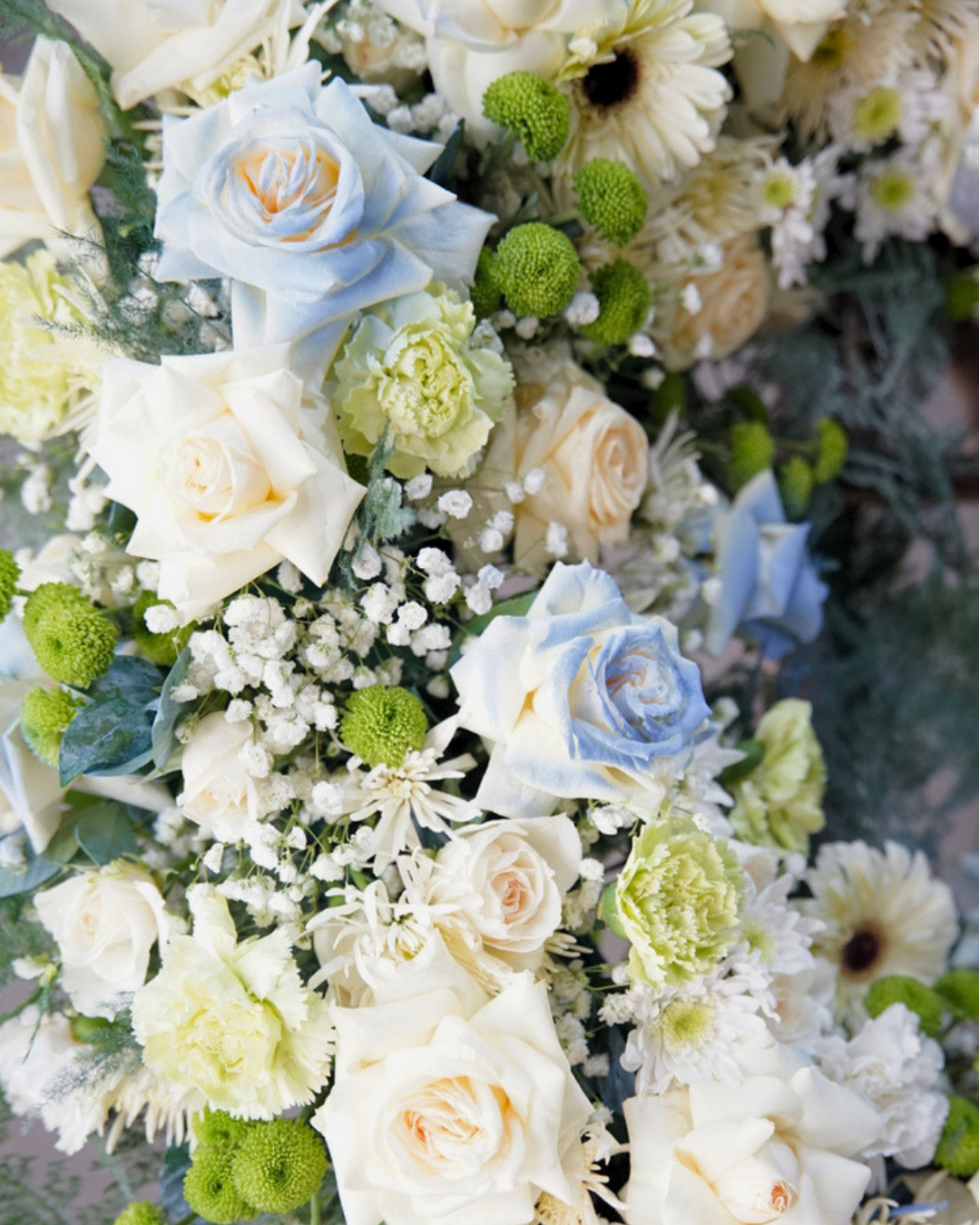 Blue Ivory – Blue & White Funeral Wreath - Elvy's Floral Design