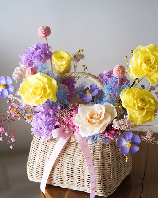 Blythe – Preserved Rose & Wooden Daisy Basket - Elvy's Floral Design
