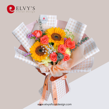 Citrus Burst – Sunflower & Rose Bouquet - Elvy's Floral Design