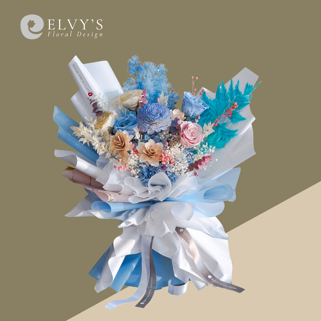 Cadet Blue – Preserved Flower & Wood Rose Bouquet - Elvy's Floral Design