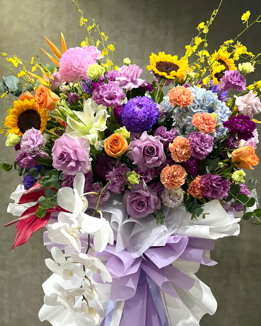 Golden Amethyst – Sunflower, Lavender Rose & Orchid Grand Opening Flower Stand