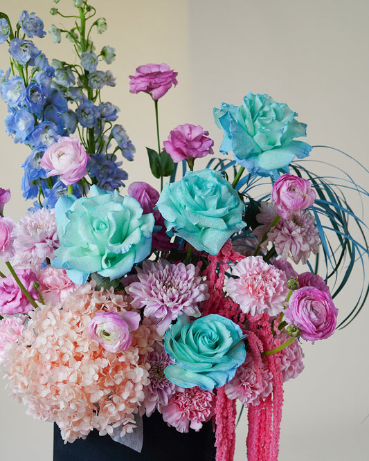 Mozart – Assorted Rose & Delphinium Bloom Box - Elvy's Floral Design