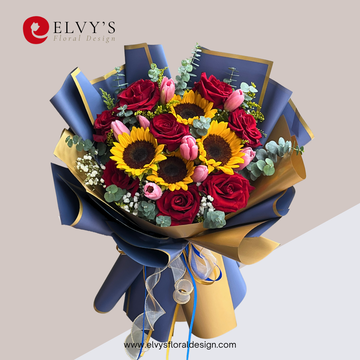 Navy Sun – Ecuadorian Rose, Sunflower & Tulip Bouquet