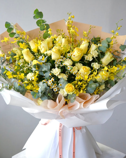Golden Flight – Yellow Rose & Dancing Lady Orchid Bouquet
