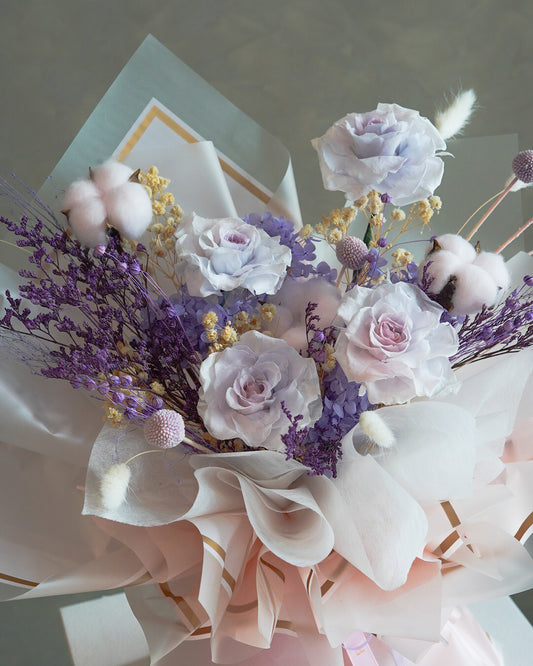 Rhythmic Lilac – Preserved Rose & Cotton Bouquet - Elvy's Floral Design