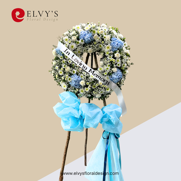 Azure Halo – Blue Hydrangea & White Mum Funeral Wreath