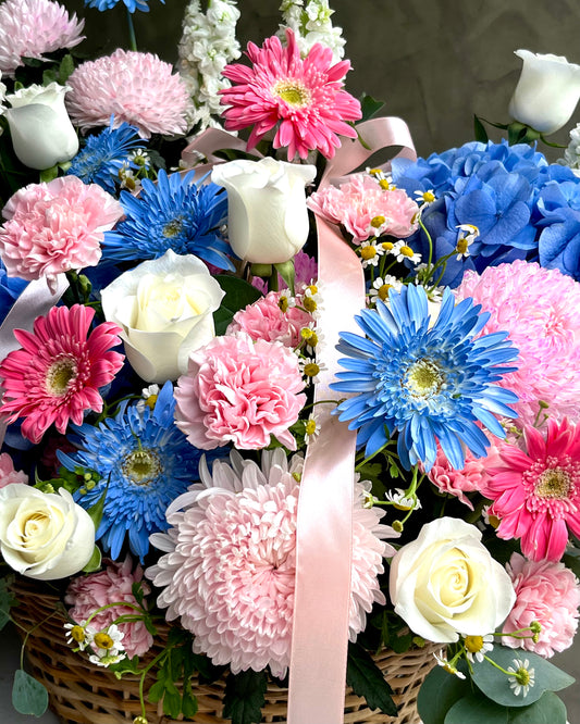 Cobalt Blush – Blue Hydrangea & Gerbera Flower Basket