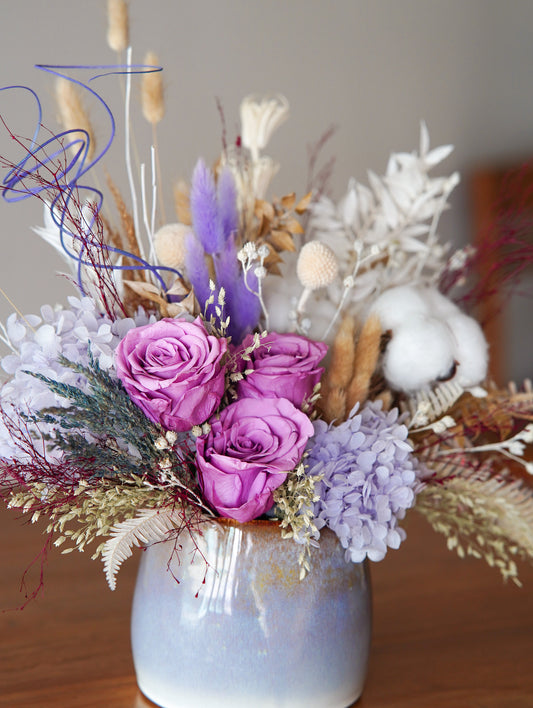 Heather Field – Preserved Rose & Hydrangea Vase Arrangement - Elvy's Floral Design