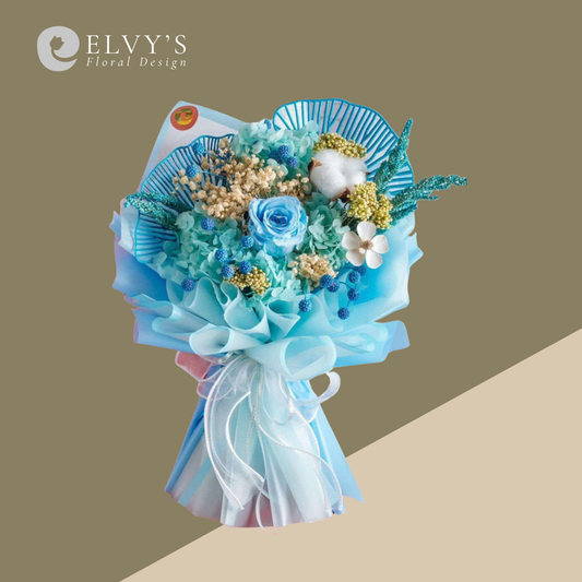 Delft Blue – Preserved Rose & Hydrangea Bouquet - Elvy's Floral Design