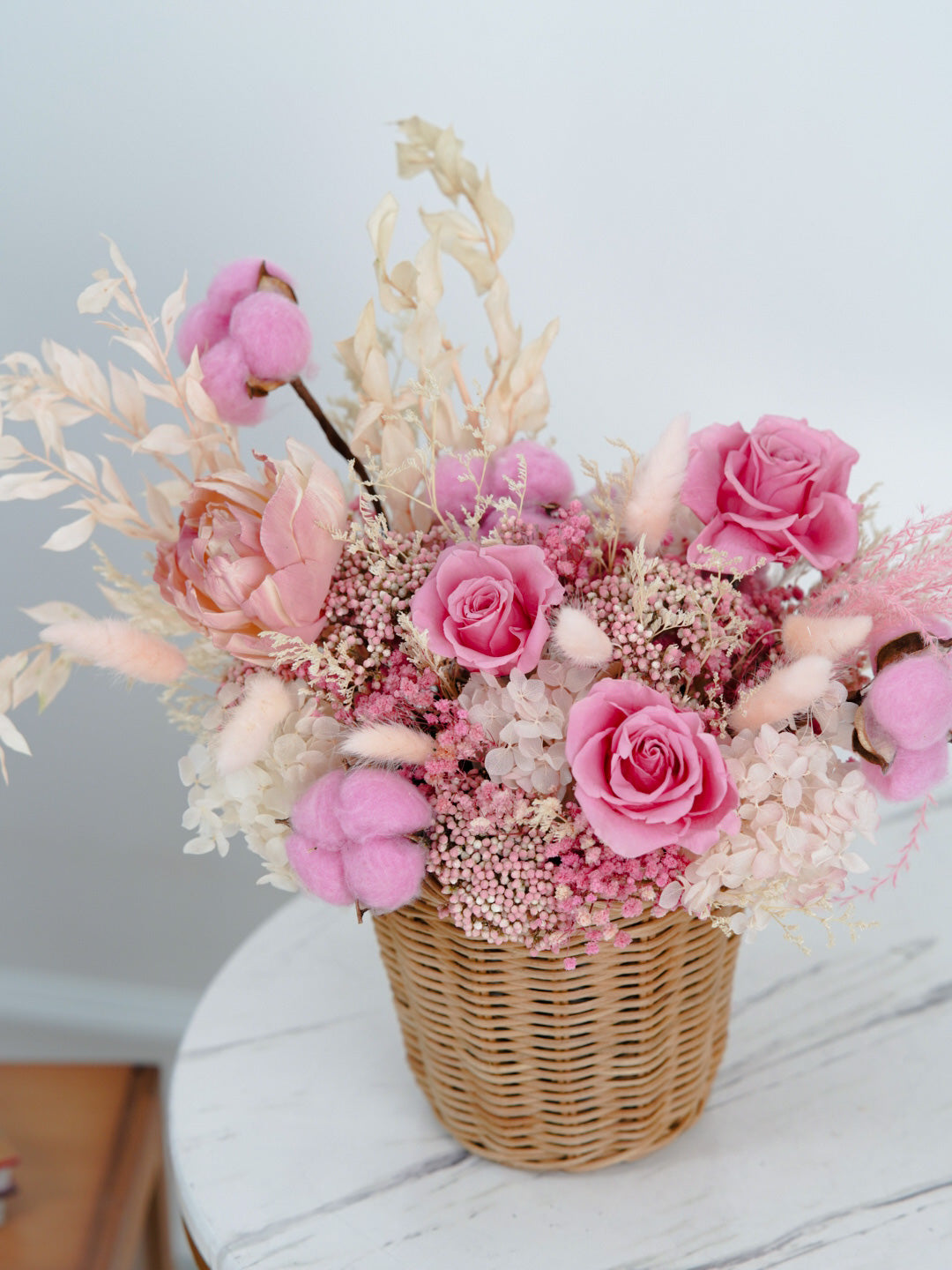 Dried Flowers in Hand Wooden Basket | Elvy's Floral Design