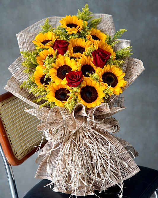 Sunset Field – Sunflower & Red Rose Bouquet