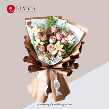 Cocoa Blush – Dusty Pink Rose & White Tulips Bouquet