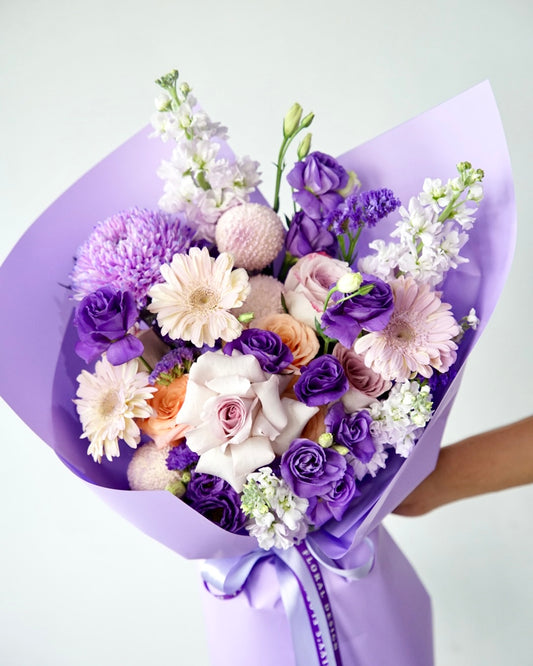 Violet Mosaic – Purple Lisianthus & Rose Bouquet