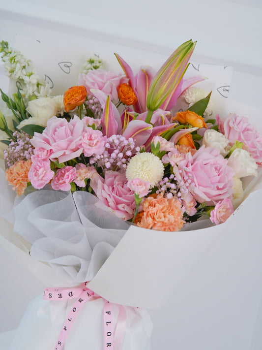 Lovers Knot – Blush Rose, Lily & Lisianthus Bouquet - Elvy's Floral Design