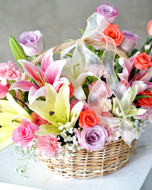 Blush Gathering – Pink Lily & Rose Flower Basket