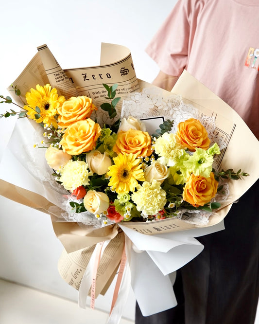 Golden Press – Orange Rose & Yellow Gerbera Bouquet