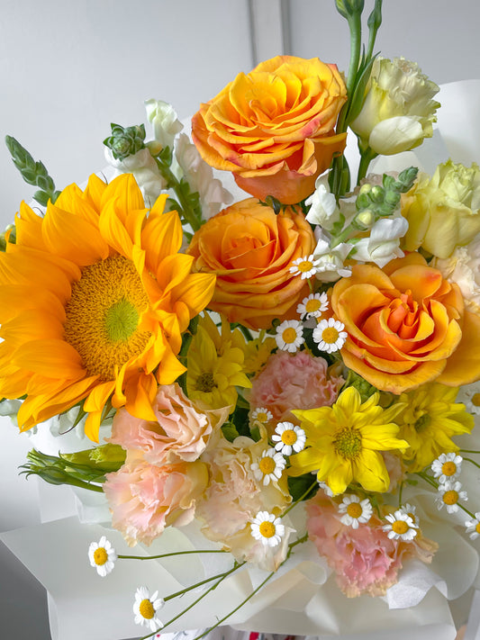 Sunny Harmony – Rose, Sunflower & Lisianthus Bouquet - Elvy's Floral Design