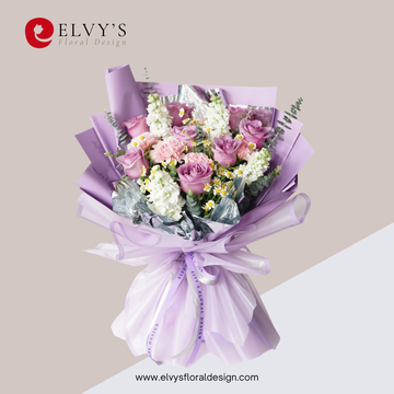Mauve Letter – Rose & White Stock Bouquet
