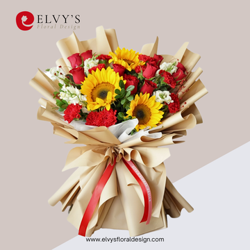 Sunfire – Sunflower & Red Rose Bouquet