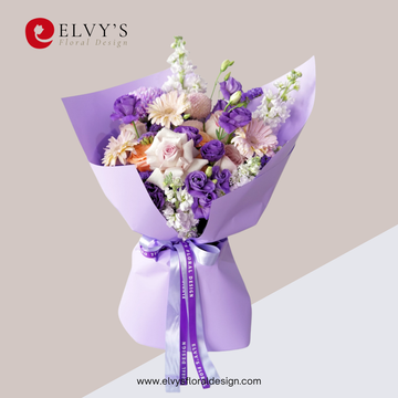 Violet Mosaic – Purple Lisianthus & Rose Bouquet