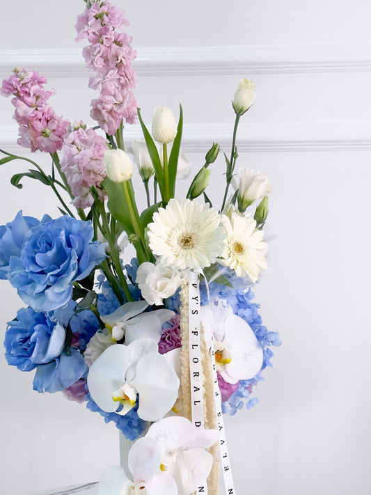 Windy Blue – Orchid, Rose &amp; Tulip Vase Arrangement - Elvy's Floral Design
