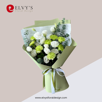 Celadon White bouquet with white lisianthus, green carnations and eucalyptus