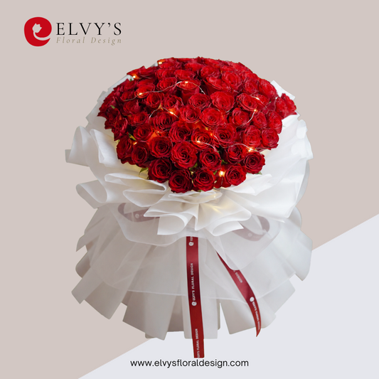 Cupid – 52 Holland Rose Bouquet with Fairy Lights | Elvy's Floral Design