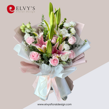 Rosaline large bouquet with pink stargazer lilies, pink roses and white lisianthus
