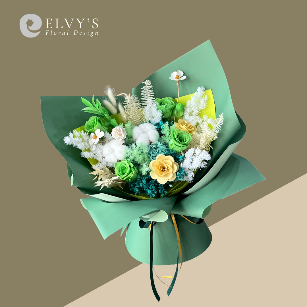 Verdant Archive green sola rose, cotton and preserved hydrangea dried flower bouquet by Elvy's Floral Design