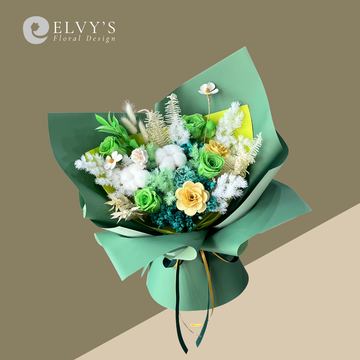 Verdant Archive green sola rose, cotton and preserved hydrangea dried flower bouquet by Elvy's Floral Design