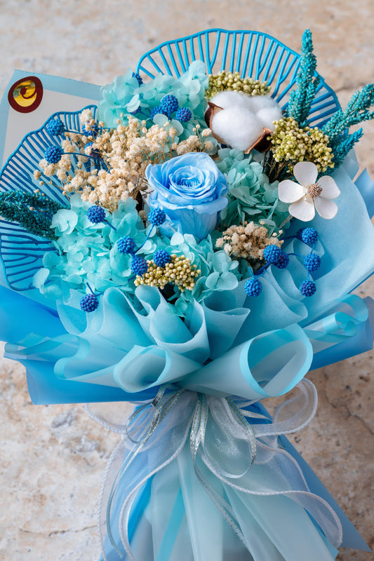 Delft Blue – Preserved Rose & Hydrangea Bouquet - Elvy's Floral Design